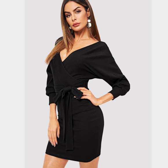 New! Batwing Sleeve Self-Tie Wrap Dress Black - Picture 2 of 7